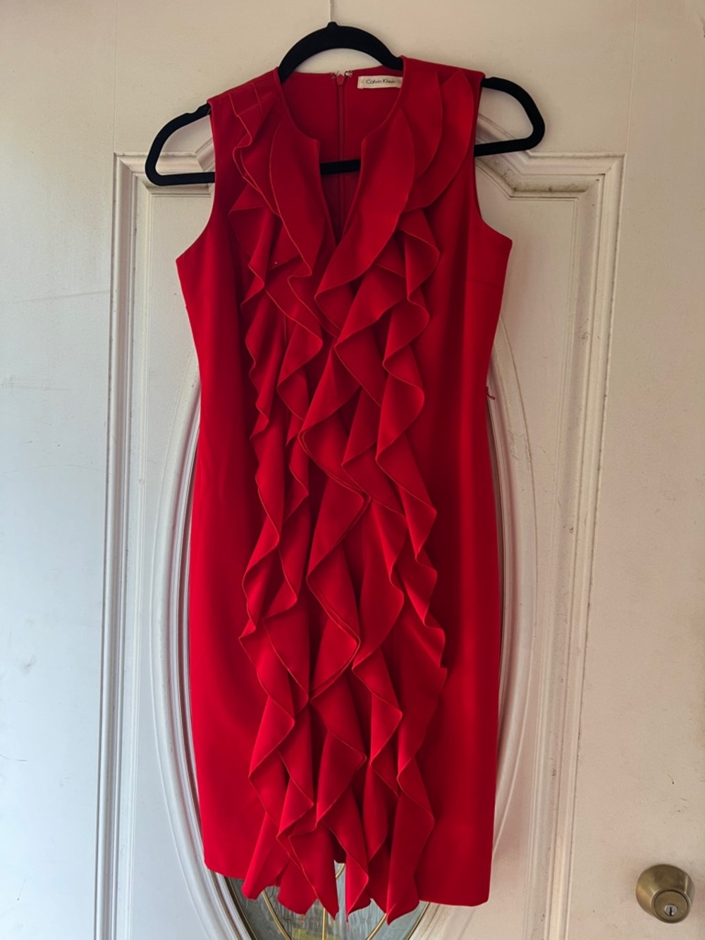Calvin Klein Red Ruffle-Front Sleeveless Midi Dress